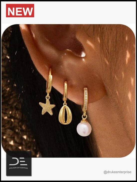 Jewelry - Gold Plated Dangle Earrings Pearl Shell Starfish Huggie Stack